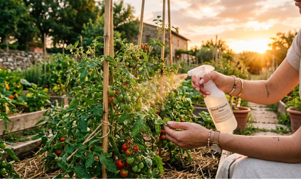 Mani curate di una donna che spruzza una miscela naturale su piante di pomodoro verdi e rigogliose in un orto domestico al tramonto.