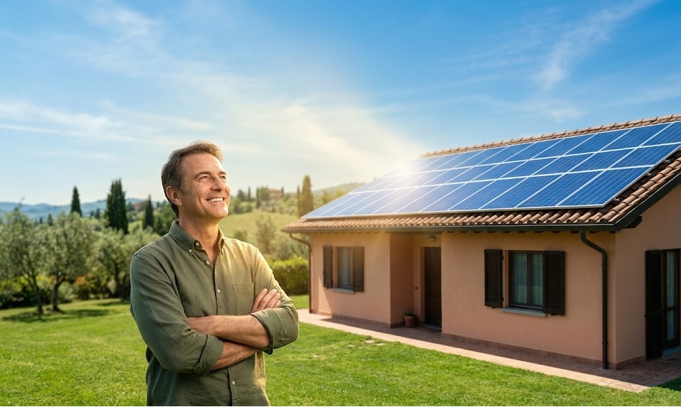 un proprietario di casa che guarda felice il proprio tetto coperto di pannelli fotovoltaici