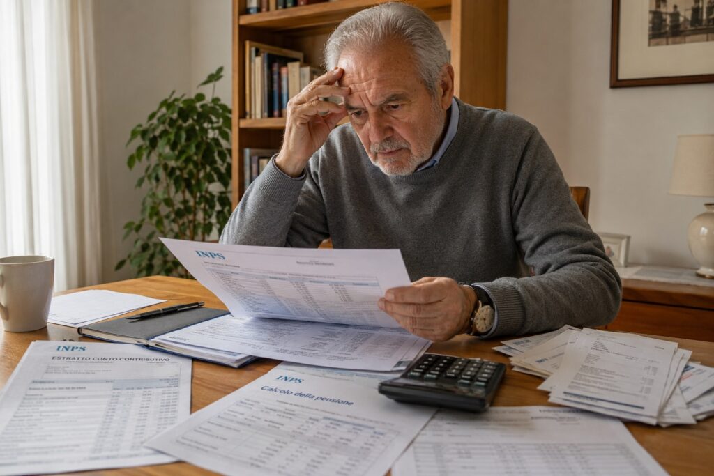uomo di circa 67 anni seduto al tavolo di casa mentre controlla documenti INPS e calcoli della pensione, con espressione preoccupata e bollette sullo sfondo.