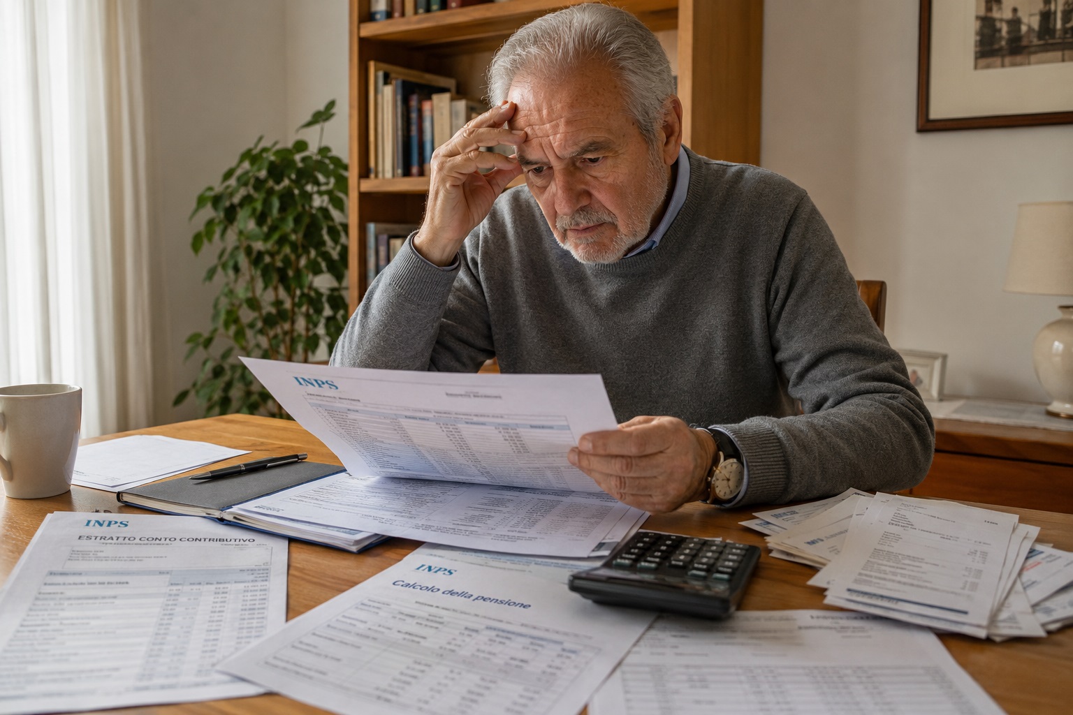 uomo di circa 67 anni seduto al tavolo di casa mentre controlla documenti INPS e calcoli della pensione, con espressione preoccupata e bollette sullo sfondo.