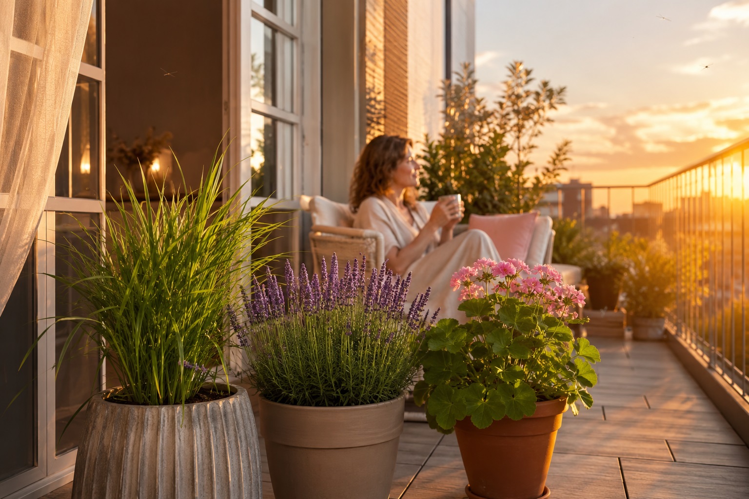 Tre piante antizanzare in vaso su un balcone estivo, con citronella, lavanda e geranio odoroso vicino a una finestra aperta e una zona relax.