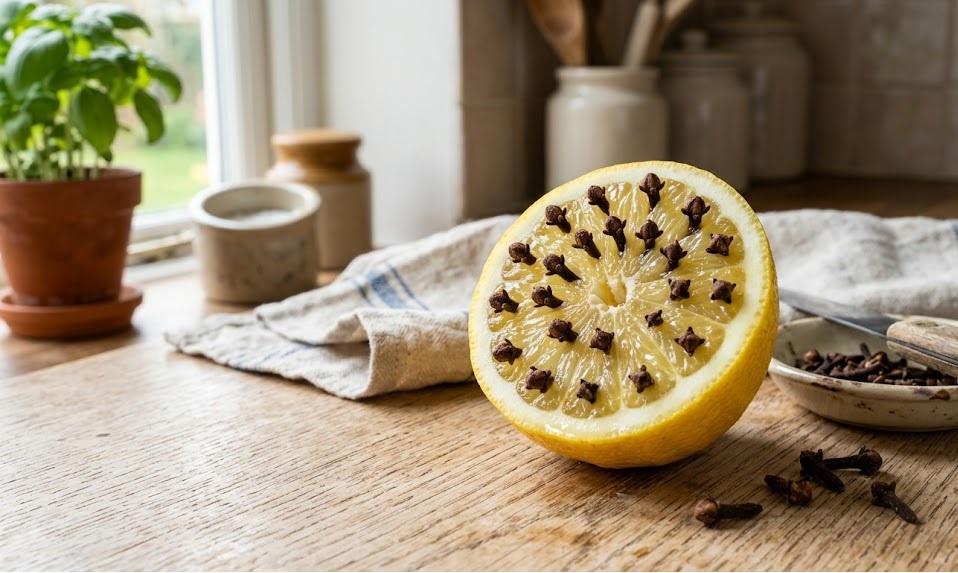 Mezzo limone fresco poggiato su un tavolo di legno chiaro in cucina, con numerosi chiodi di garofano conficcati nella polpa