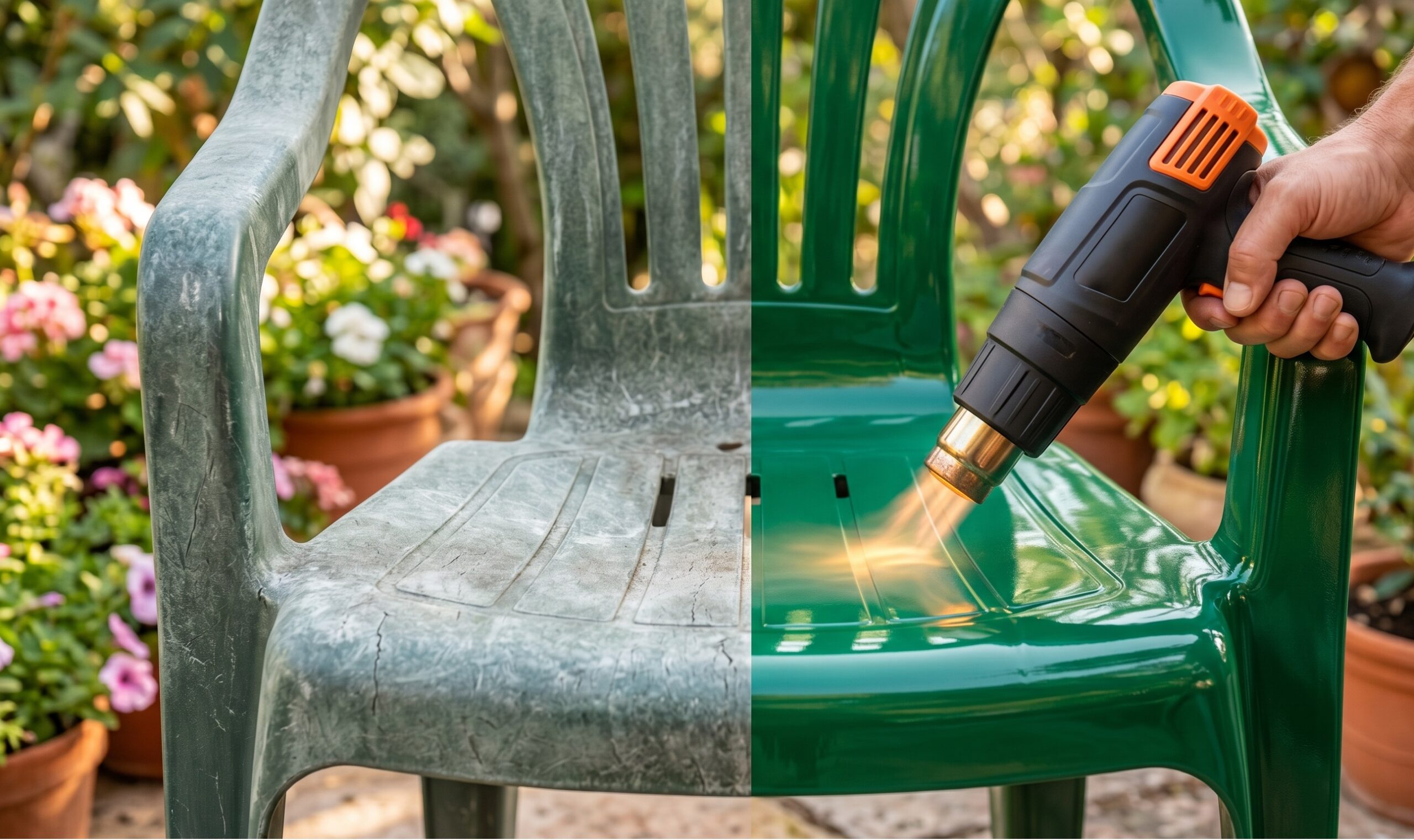 a sinistra la plastica grigiastra e rovinata dal tempo, a destra la stessa plastica che brilla di un verde intenso sotto il getto luminoso di una pistola termica