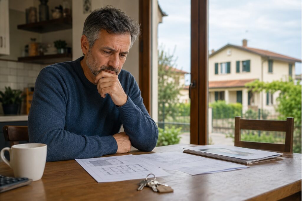 un uomo maturo seduto al tavolo di cucina guarda con preoccupazione un mazzo di chiavi e alcuni documenti della casa