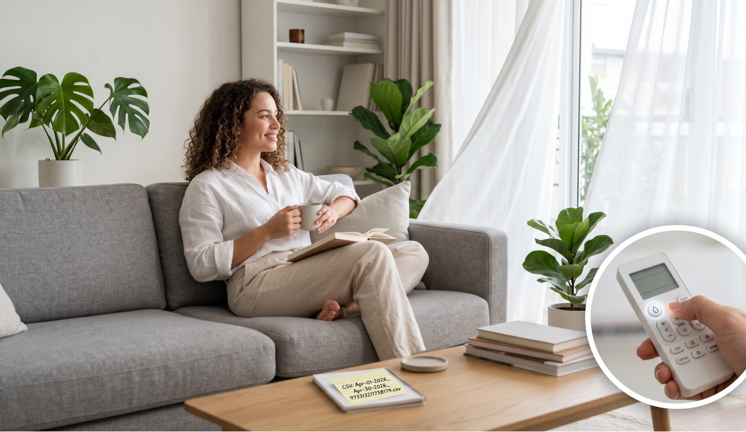 Una persona sorridente e rilassata seduta sul divano di casa, con un'atmosfera fresca e luminosa suggerita da una tenda leggera che si muove appena