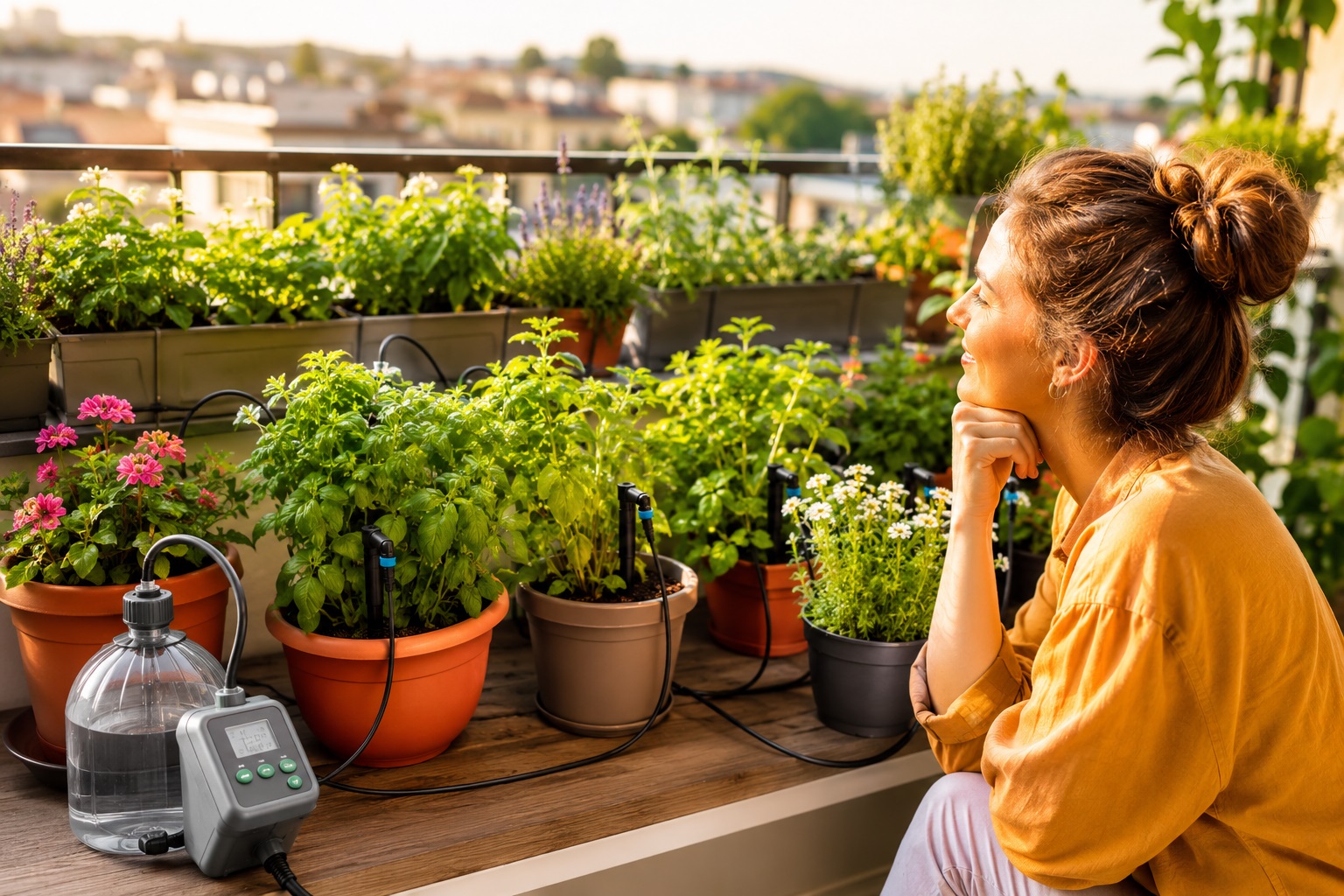 sistema automatico di irrigazione che annaffia piante in vaso su un balcone durante una giornata calda.