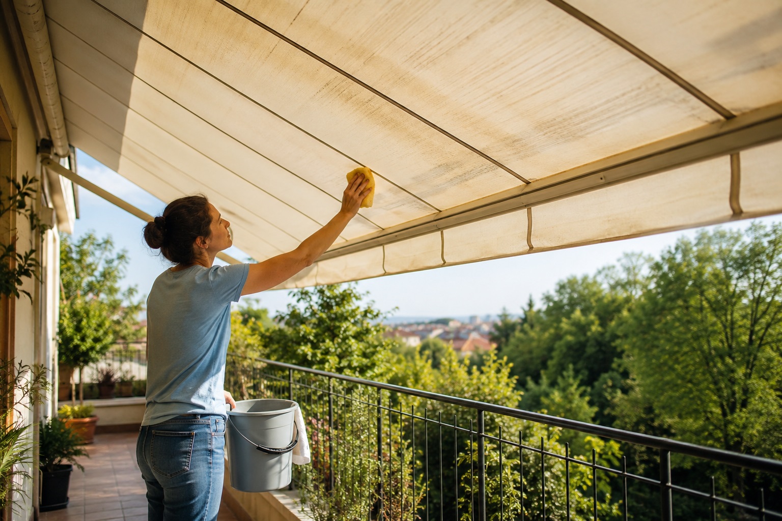 enda da sole aperta su un balcone mentre viene pulita delicatamente con spugna e acqua prima dell’estate.