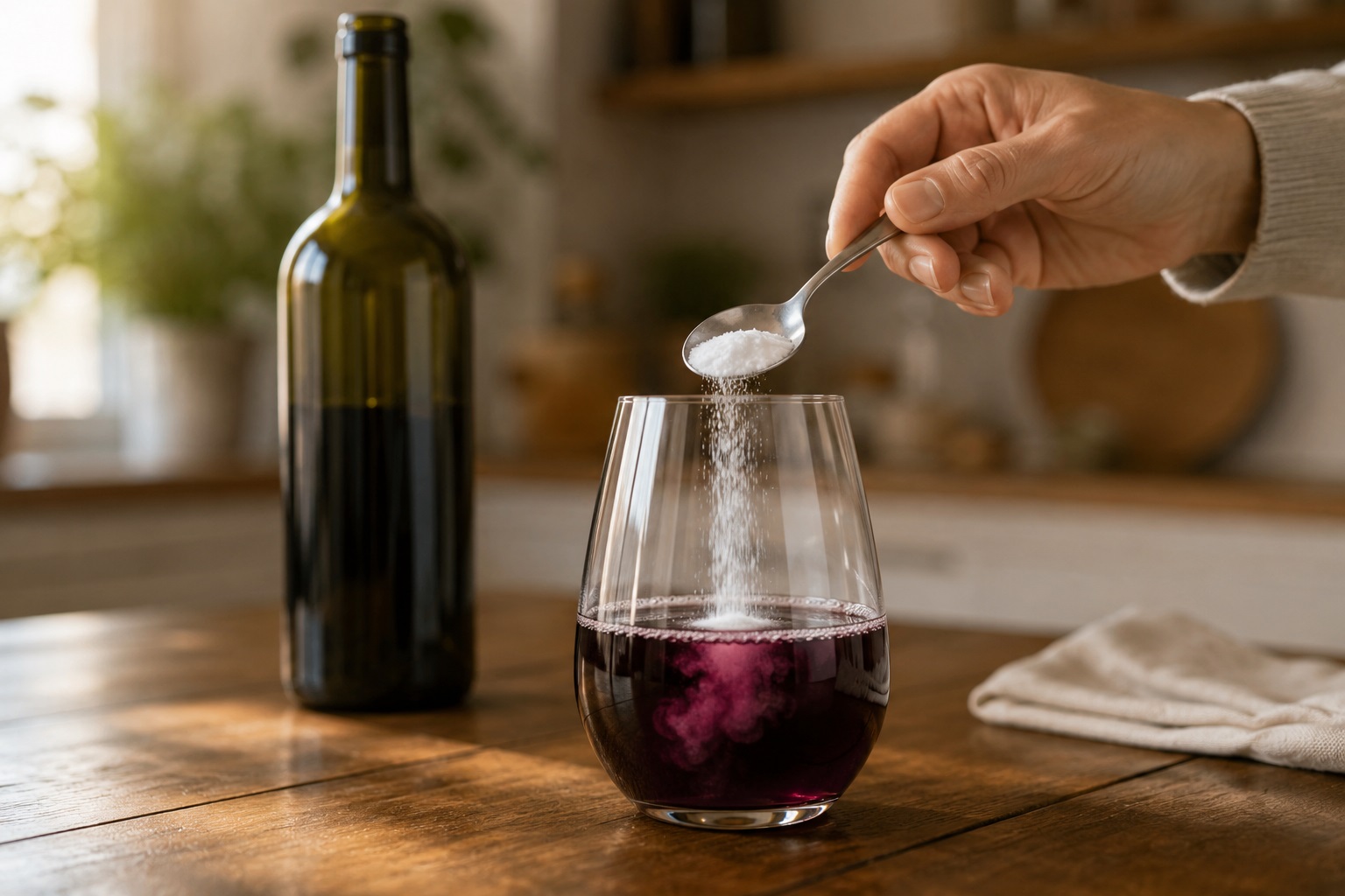 bicchiere di vino rosso con bicarbonato versato all’interno, colore che cambia leggermente sul tavolo della cucina durante un test casalingo