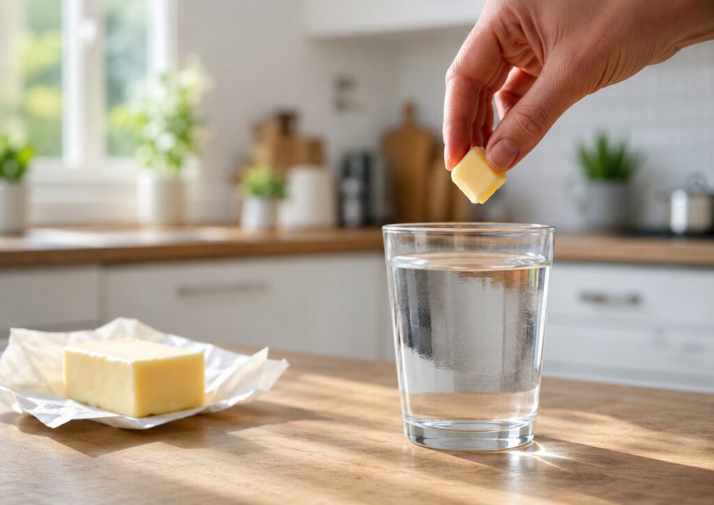 Mano che immerge un pezzetto di burro in un bicchiere di acqua tiepida per controllare se si scioglie in modo naturale.