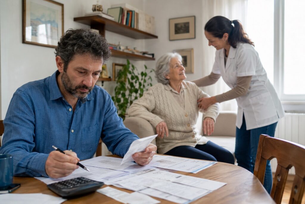 Donna anziana assistita a casa da una badante mentre un familiare controlla ricevute e documenti per il modello 730/2026.