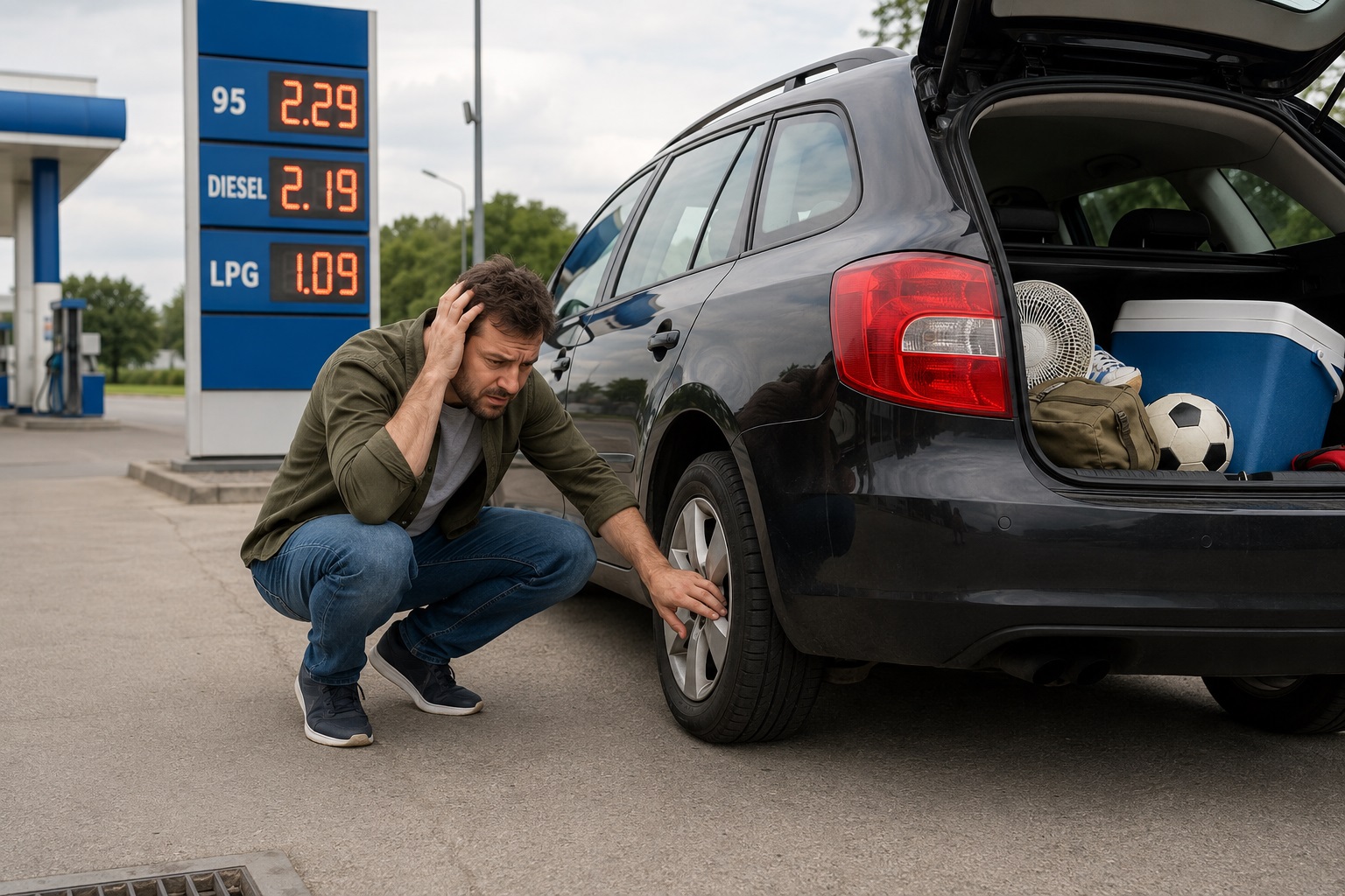 Automobilista preoccupato che guarda il prezzo alto di benzina e diesel mentre controlla gomme e bagagliaio dell’auto