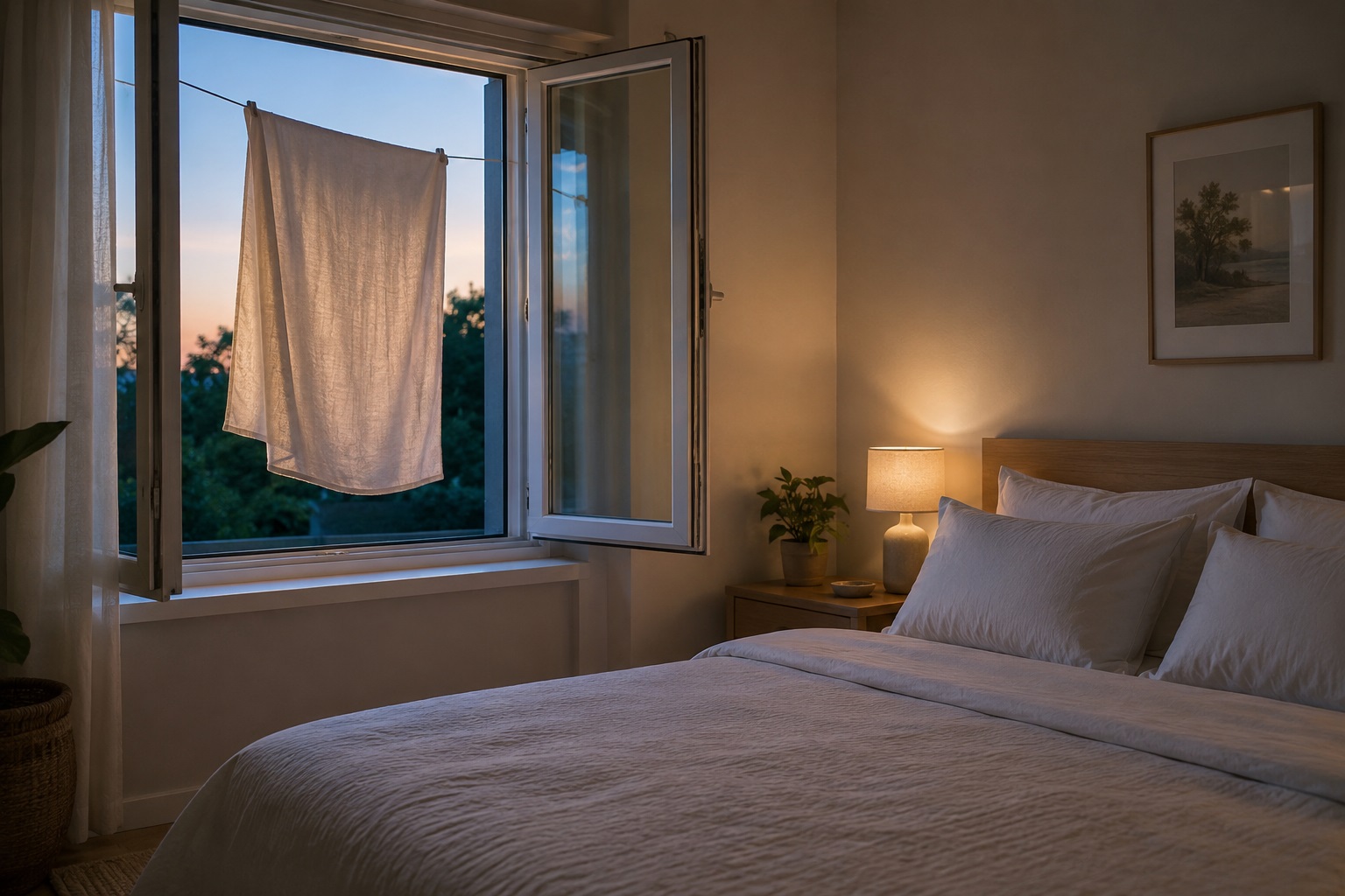 Camera da letto estiva con finestra aperta, lenzuolo leggero umido vicino alla finestra e letto fresco pronto per dormire