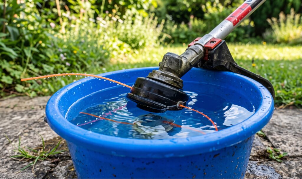 Una testina di un decespugliatore da giardino immersa a metà dentro un secchio di plastica blu pieno d'acqua limpida, con gocce d'acqua visibili sul filo di nylon arancione.