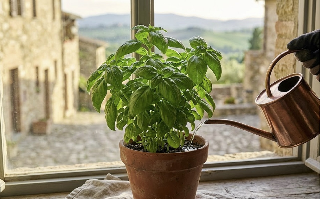 Un vaso di basilico rigoglioso sul davanzale della finestra con foglie verdi e sane, mentre una mano versa l'acqua delicatamente sul bordo della terra evitando il fusto.
