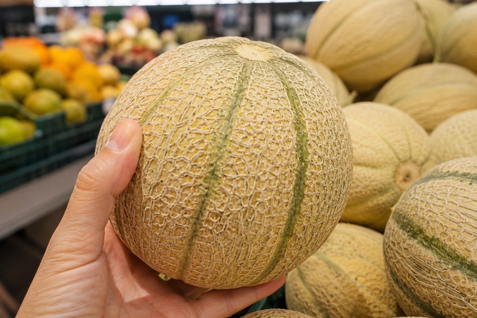 melone retato maturo esaminato al supermercato, con dettaglio della buccia ruvida e del reticolo ben visibile