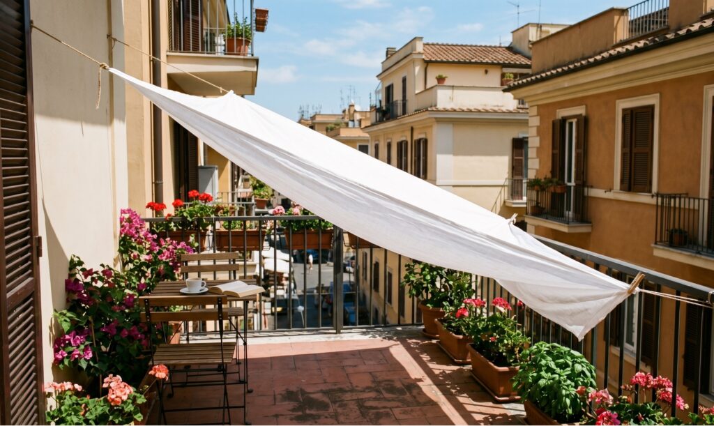 Un lenzuolo bianco leggero teso in diagonale sul balcone di un condominio per fare ombra sul pavimento durante una giornata estiva di sole intenso.
