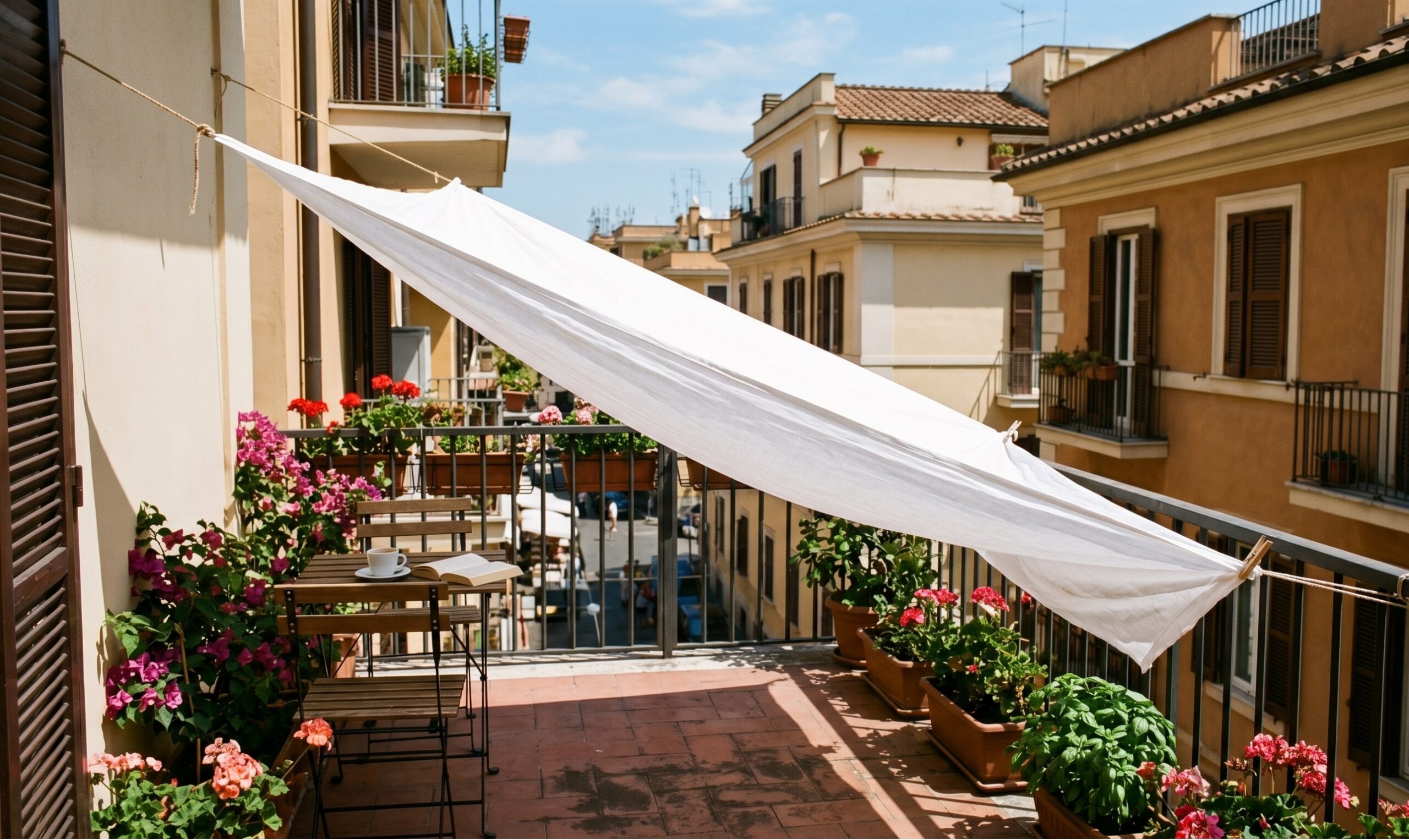 Un lenzuolo bianco leggero teso in diagonale sul balcone di un condominio per fare ombra sul pavimento durante una giornata estiva di sole intenso.