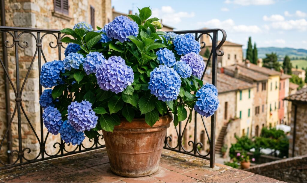 grandi ortensie azzurre e rigogliose coltivate in un vaso di terracotta sul balcone di casa