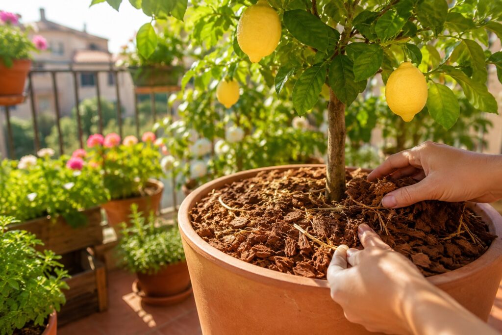 vaso su balcone assolato con terriccio coperto da pacciamatura naturale