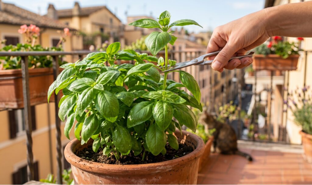 Una mano che taglia con le forbici la cima di una pianta di basilico verde e rigogliosa in un vaso di terracotta sul balcone