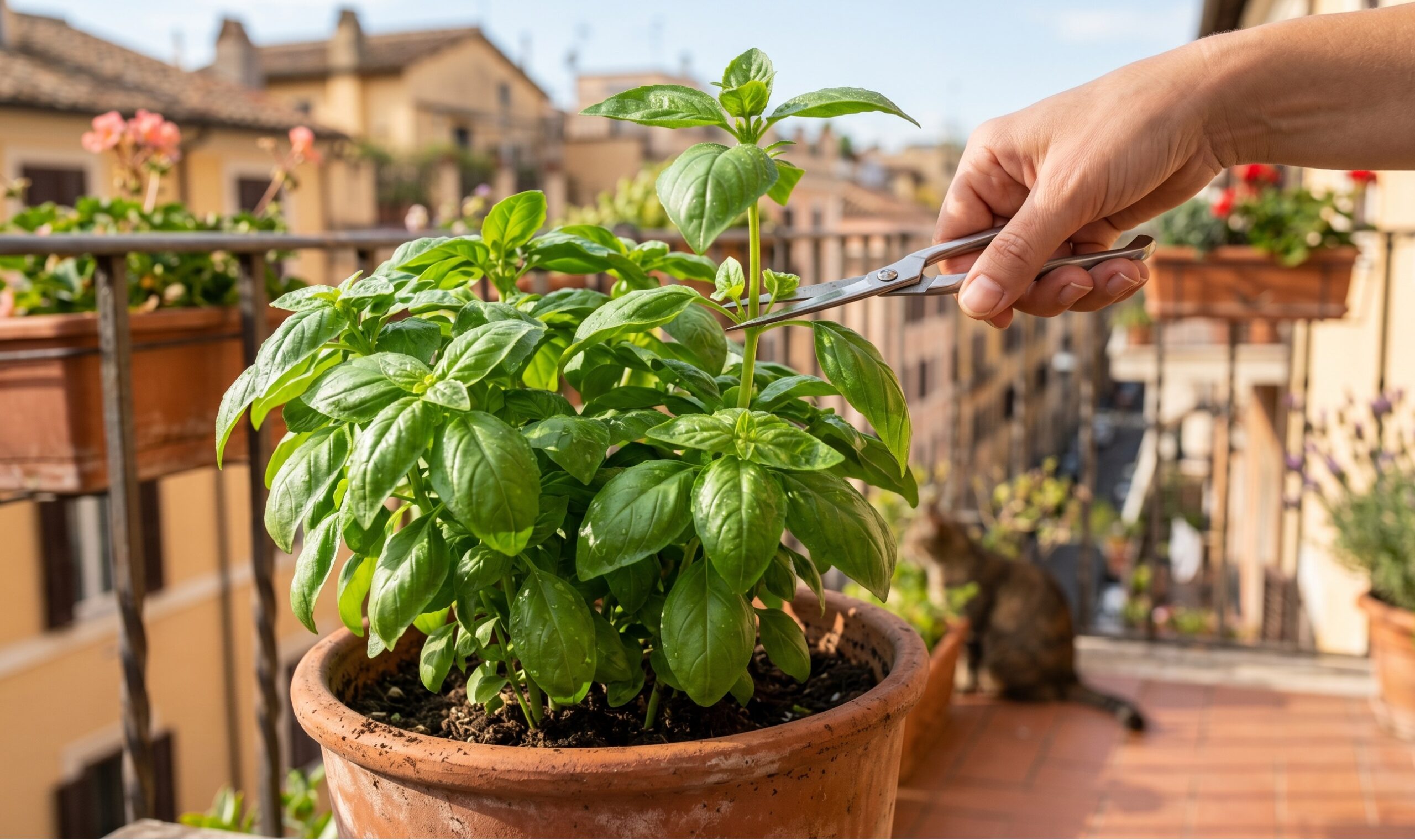 Una mano che taglia con le forbici la cima di una pianta di basilico verde e rigogliosa in un vaso di terracotta sul balcone