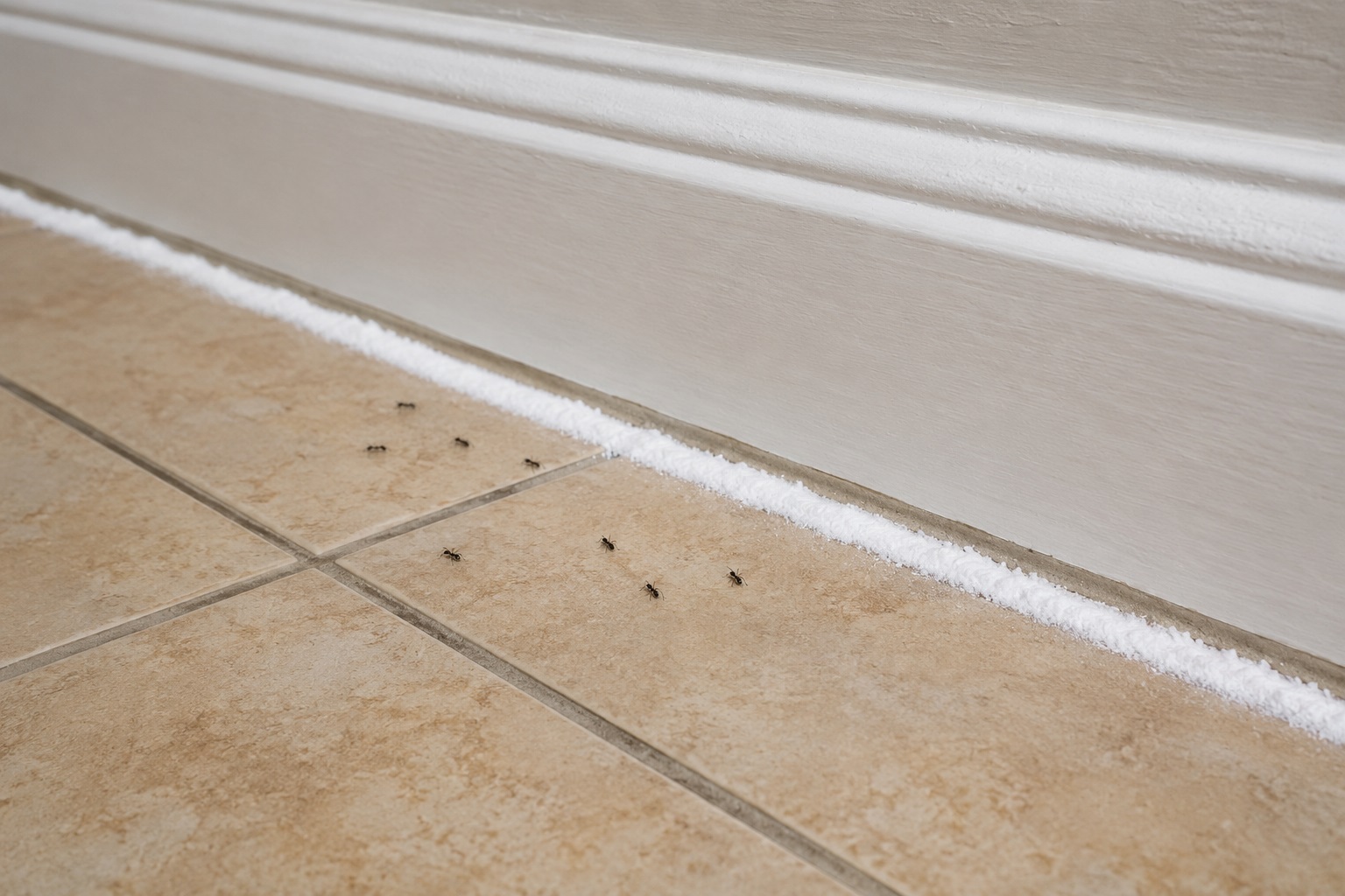 Una linea continua di borotalco bianco stesa lungo il battiscopa di un pavimento in ceramica per bloccare il passaggio delle formiche