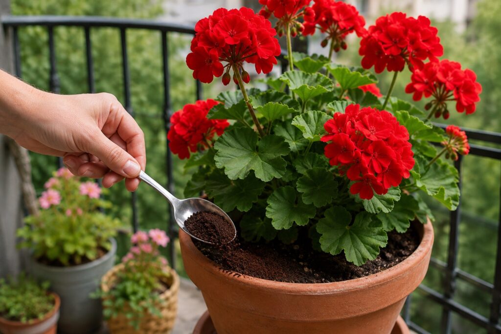Una mano che versa un cucchiaio di fondi di caffè sul bordo di un vaso di gerani rossi fioriti sul balcone di casa.