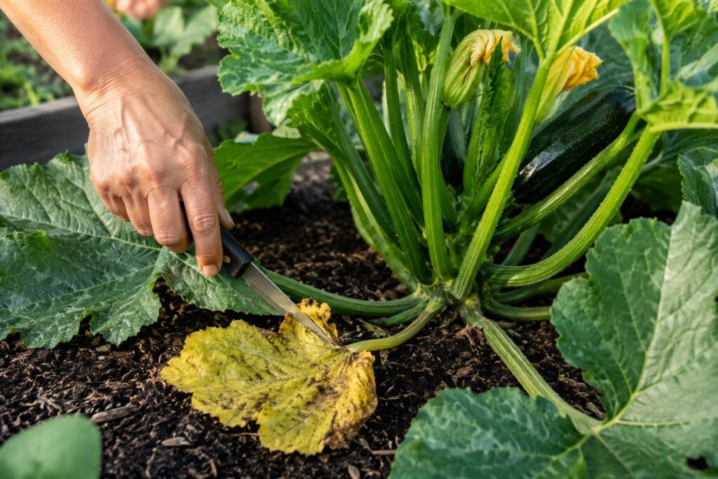 Una mano che usa un coltellino per tagliare una foglia bassa ingiallita alla base di una pianta di zucchine