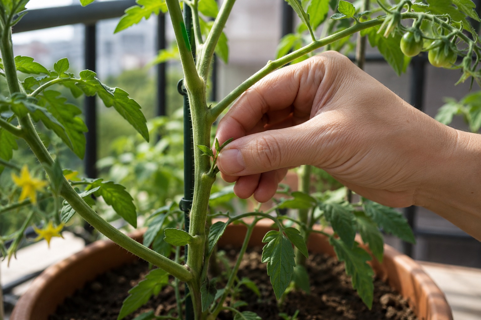 Una mano che usa tre dita per staccare con cura un piccolo germoglio verde all'incrocio dei rami di una pianta di pomodoro in vaso sul balcone.