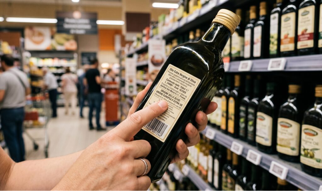 Retro di una bottiglia di olio extravergine d'oliva al supermercato con un dito che indica le scritte minuscole sulla provenienza delle olive