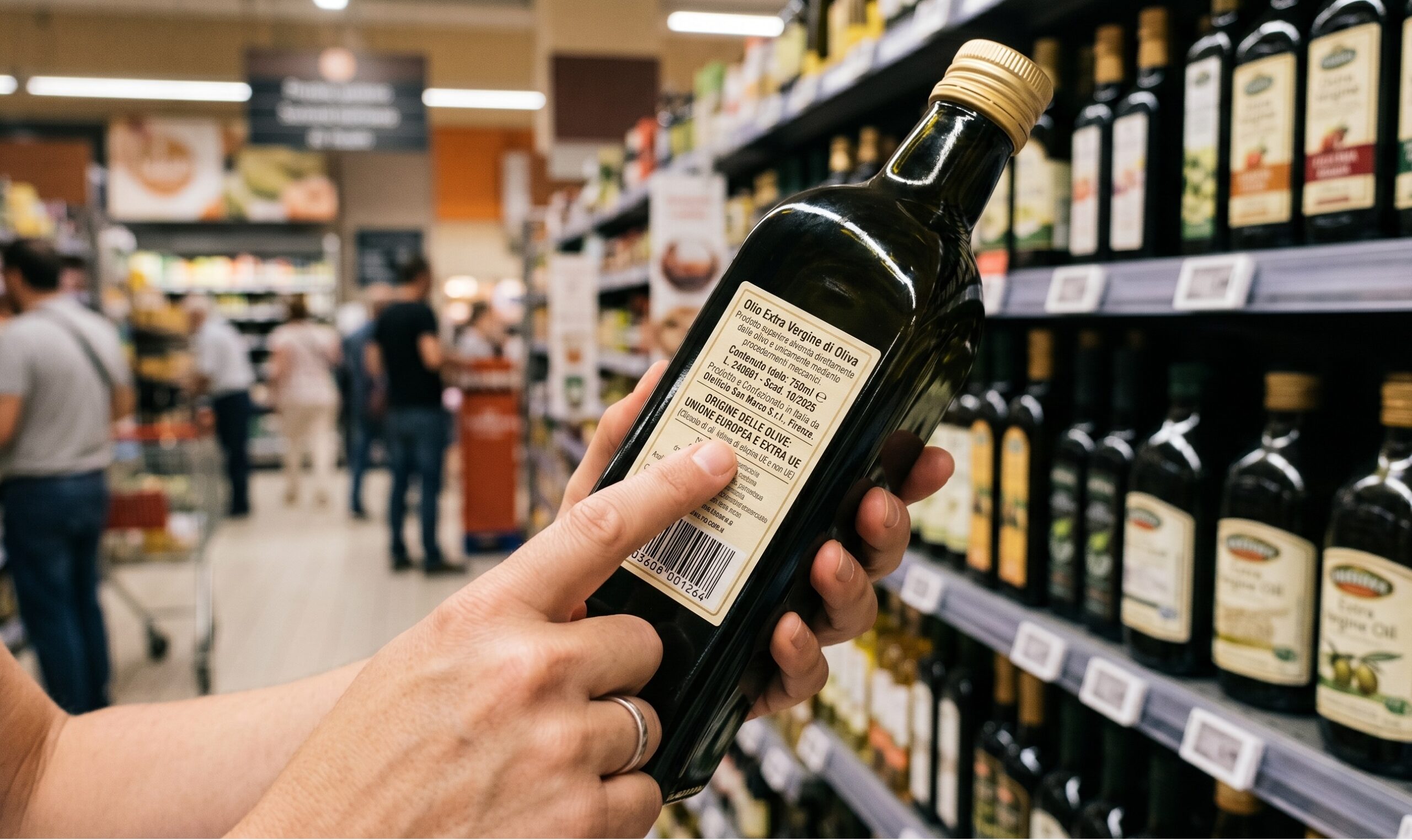 Retro di una bottiglia di olio extravergine d'oliva al supermercato con un dito che indica le scritte minuscole sulla provenienza delle olive