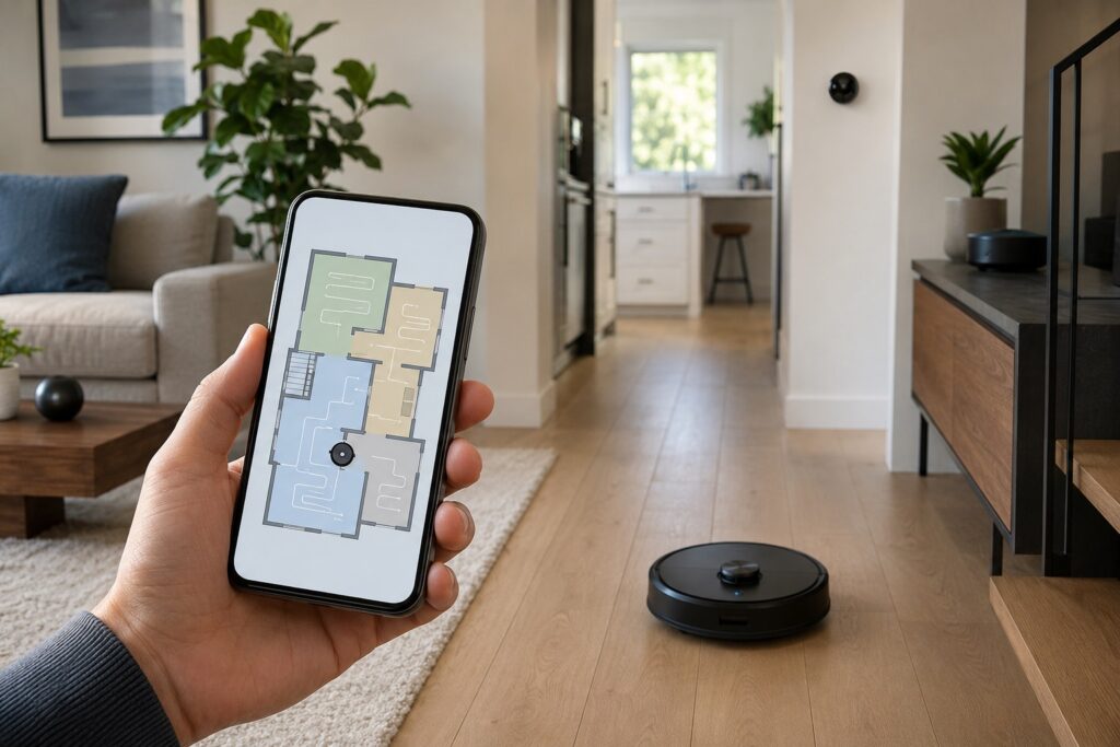 Robot aspirapolvere smart che pulisce il pavimento di casa mentre sullo smartphone si vede la mappa digitale delle stanze, simbolo del tema privacy domestica