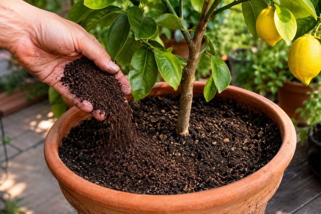 Una mano che versa una manciata di lupini macinati scuri sulla terra scura all'interno di un vaso di terracotta contenente una pianta di limone