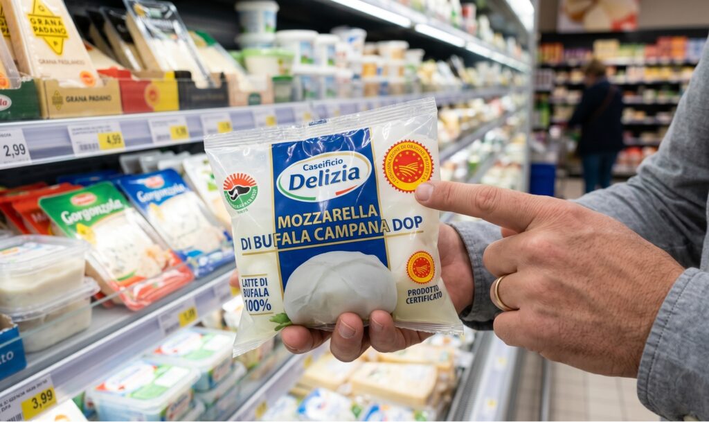 Inquadratura ravvicinata di una confezione di mozzarella di bufala al supermercato con un dito che evidenzia il bollino DOP