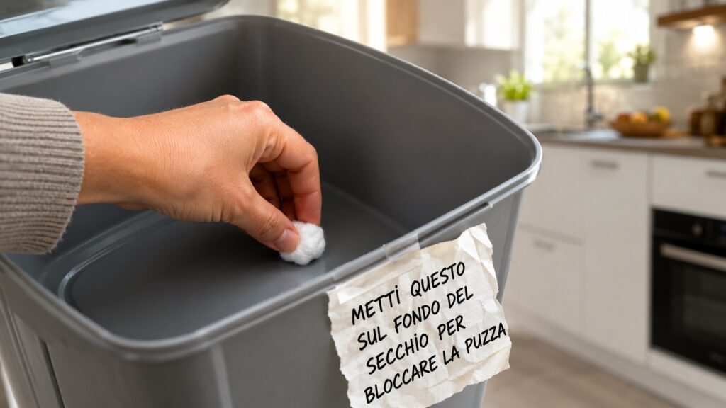 Una mano inserisce un batuffolo di cotone bianco imbevuto di olio essenziale sul fondo di un secchio dell'immondizia vuoto e pulito all'interno di una cucina.