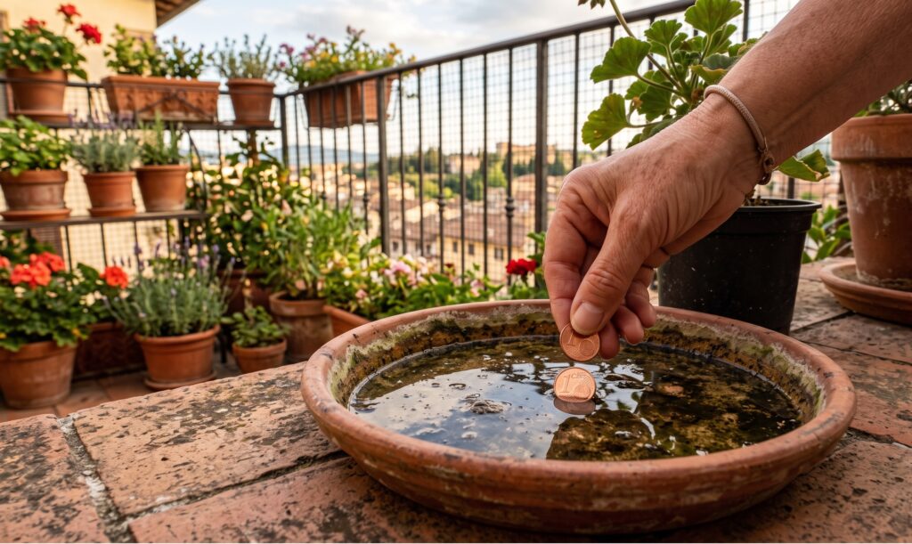 Una mano che inserisce due monete di rame da un centesimo di euro dentro l'acqua stagnante di un sottovaso di terracotta sul balcone.