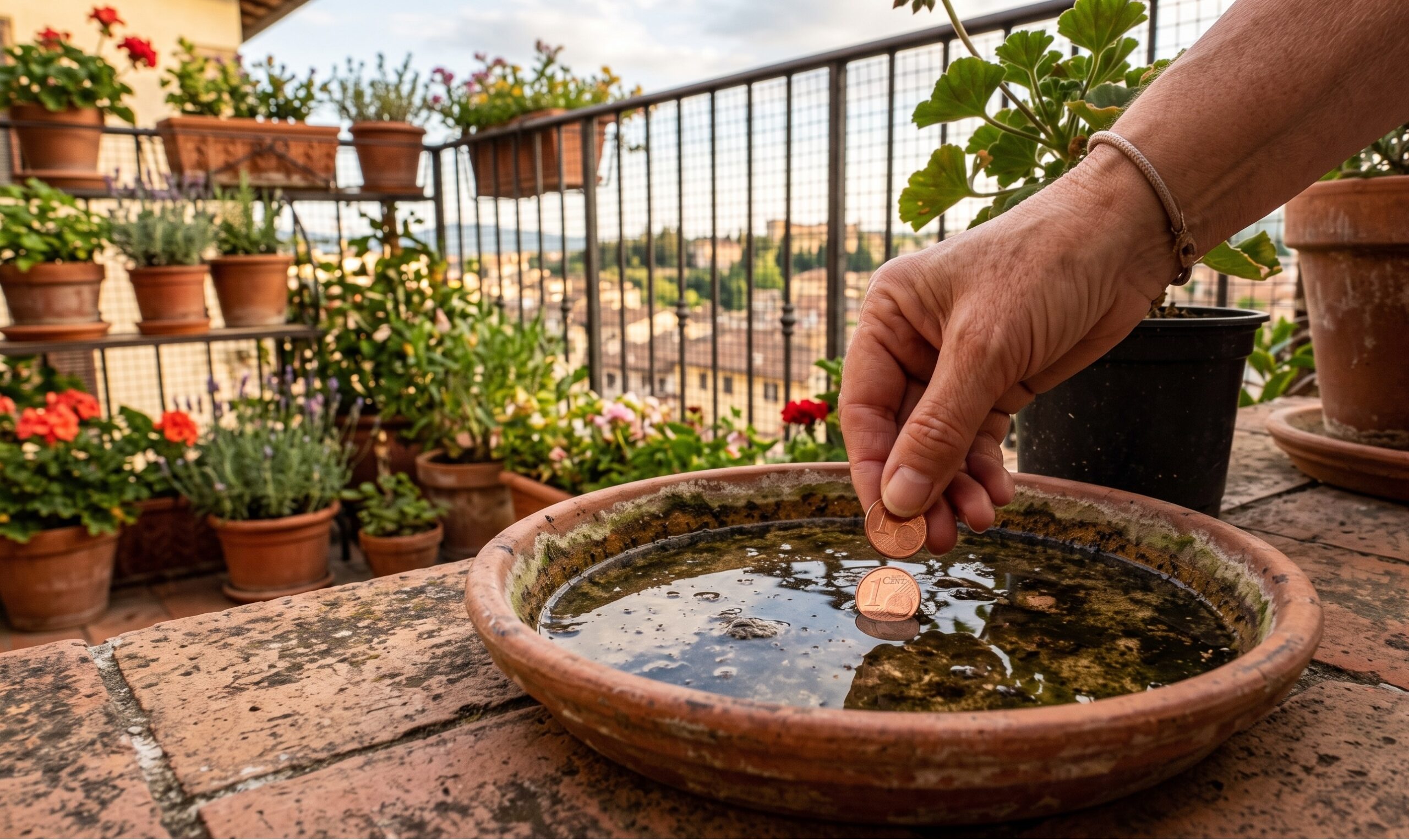 Una mano che inserisce due monete di rame da un centesimo di euro dentro l'acqua stagnante di un sottovaso di terracotta sul balcone.