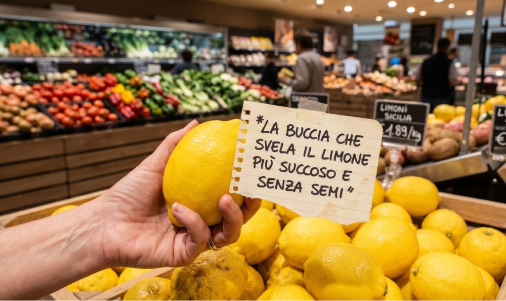 Una mano stringe un limone giallo dalla buccia liscia nel reparto ortofrutta di un supermercato