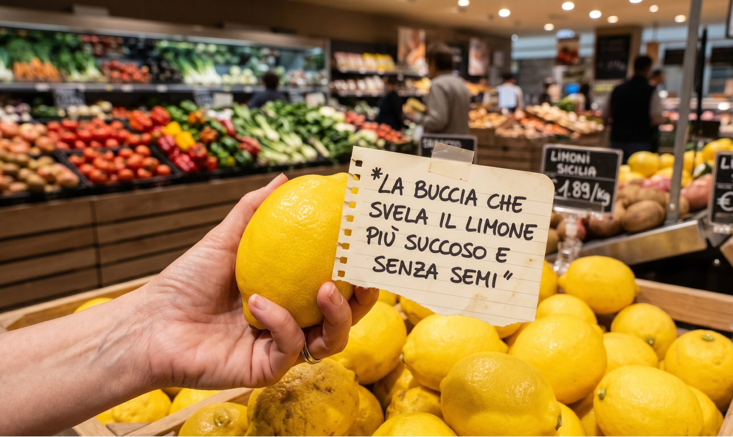 Una mano stringe un limone giallo dalla buccia liscia nel reparto ortofrutta di un supermercato