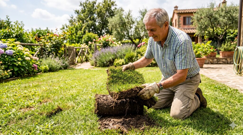 Un uomo solleva una zolla di prato verde in giardino per controllare l'umidità della terra in estate.