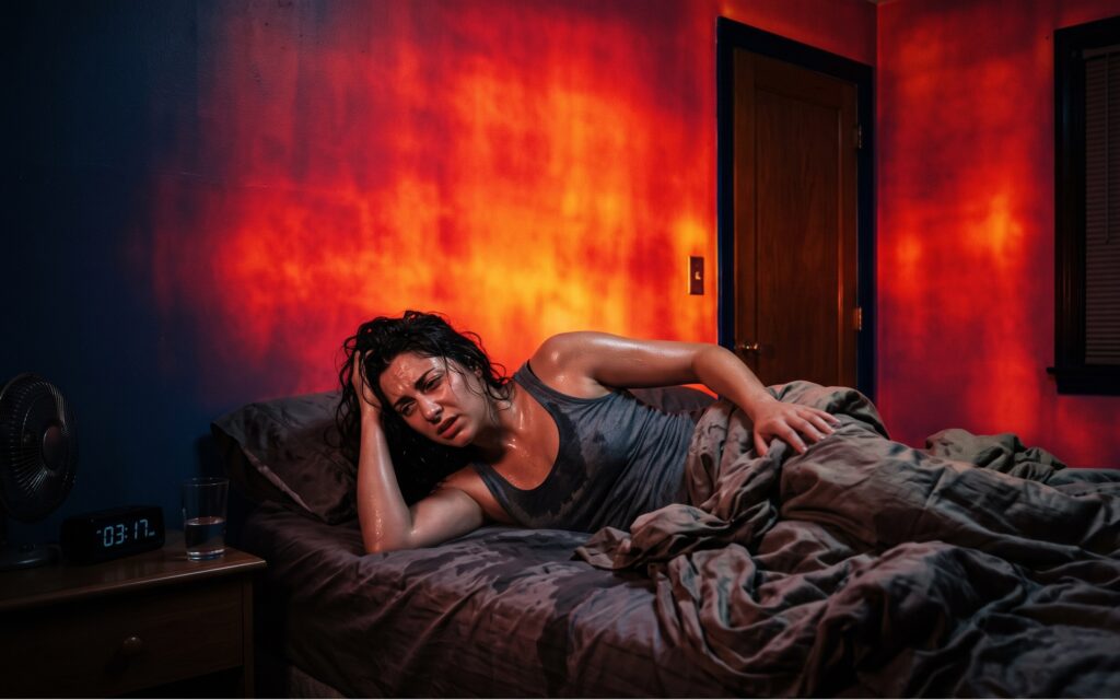 Persona scontenta nel letto che soffre il caldo in una stanza buia con porta chiusa e luce rossa termica sulle pareti