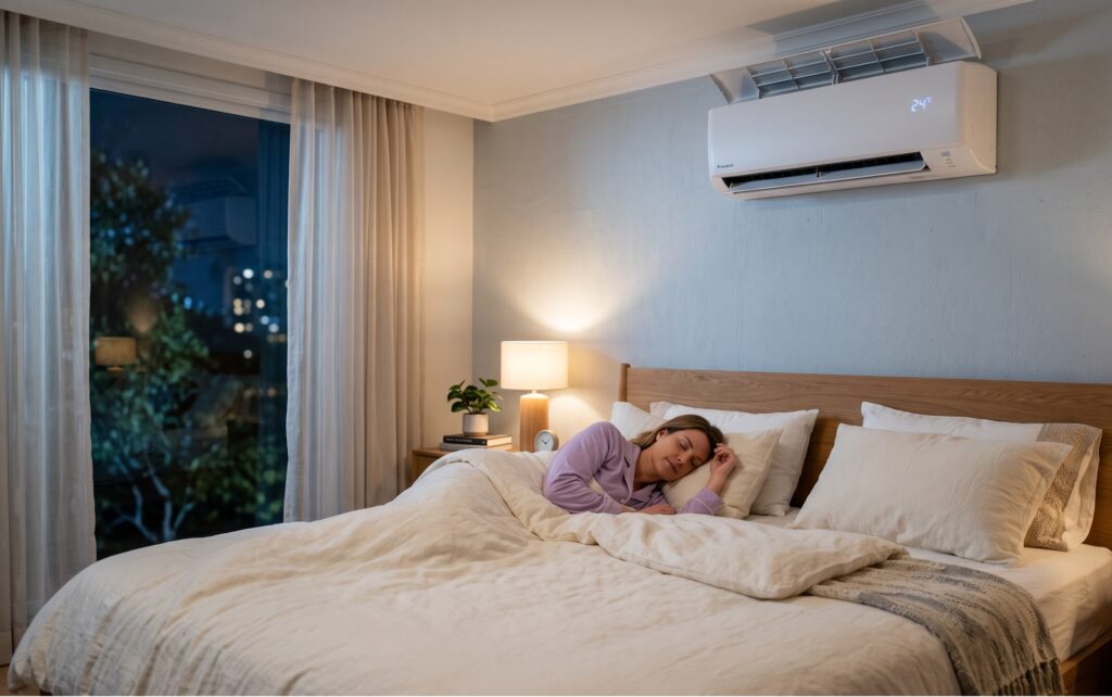 Donna che dorme serenamente in un letto matrimoniale con un condizionatore montato a parete in alto che orienta l'aria verso il soffitto