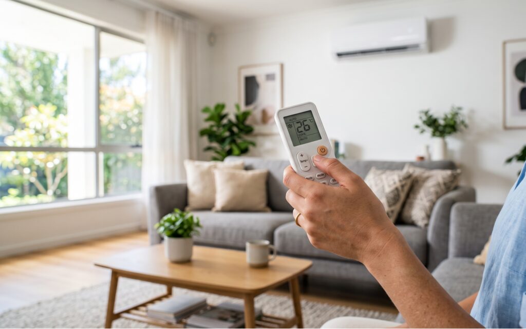 Un telecomando per il condizionatore tenuto in mano da una persona, con lo schermo digitale che mostra chiaramente la temperatura impostata a 26 gradi all'interno di un soggiorno moderno e luminoso