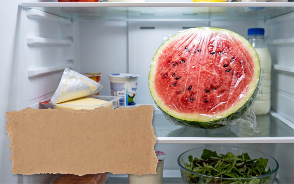 Mezza anguria fresca tagliata riposta su un ripiano del frigorifero accanto ad altri alimenti