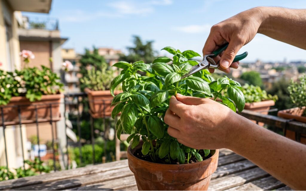 Mani di una persona che usano le forbici per tagliare la cima di una pianta di basilico in vaso sul balcone