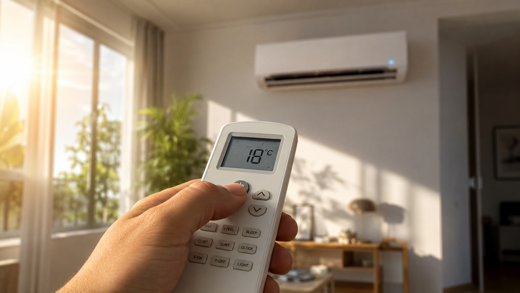 Una mano in primo piano che stringe un telecomando del condizionatore puntato verso lo split sul muro, mostrando sul display digitale l'impostazione errata a 18 gradi in piena estate