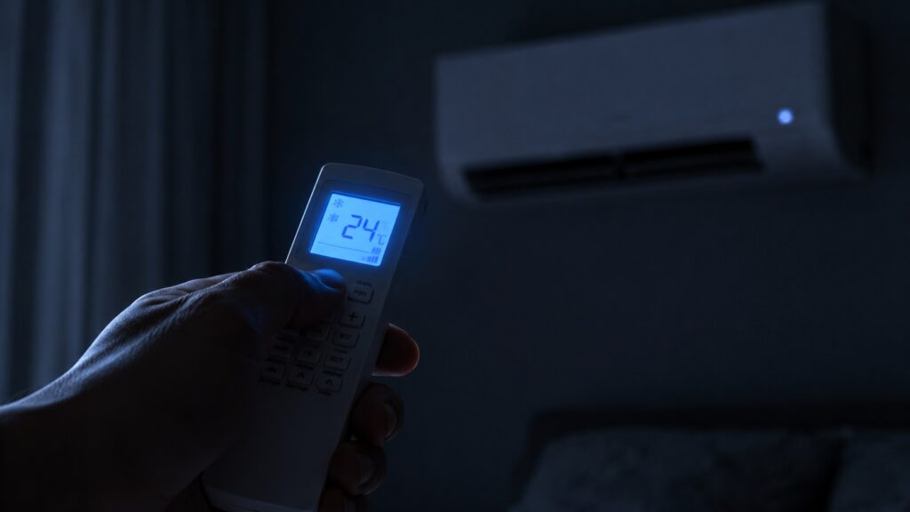 una mano che usa il telecomando di un condizionatore in una stanza da letto buia