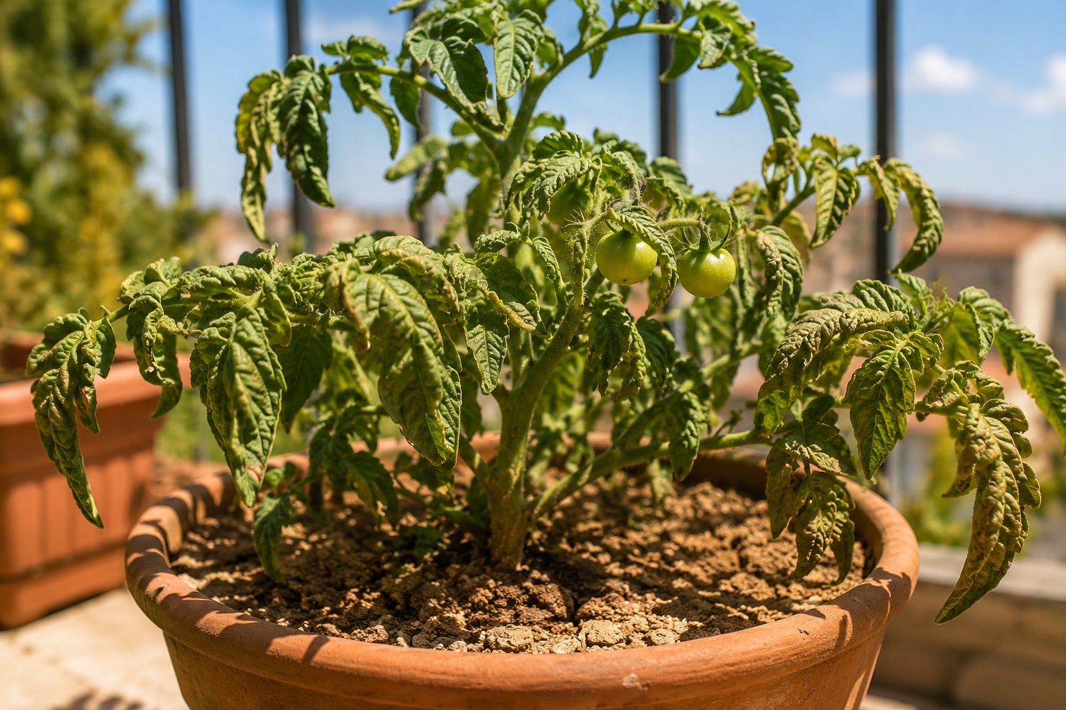 Pianta di pomodori in vaso con foglie verdi arricciate dal caldo estivo e terreno asciutto
