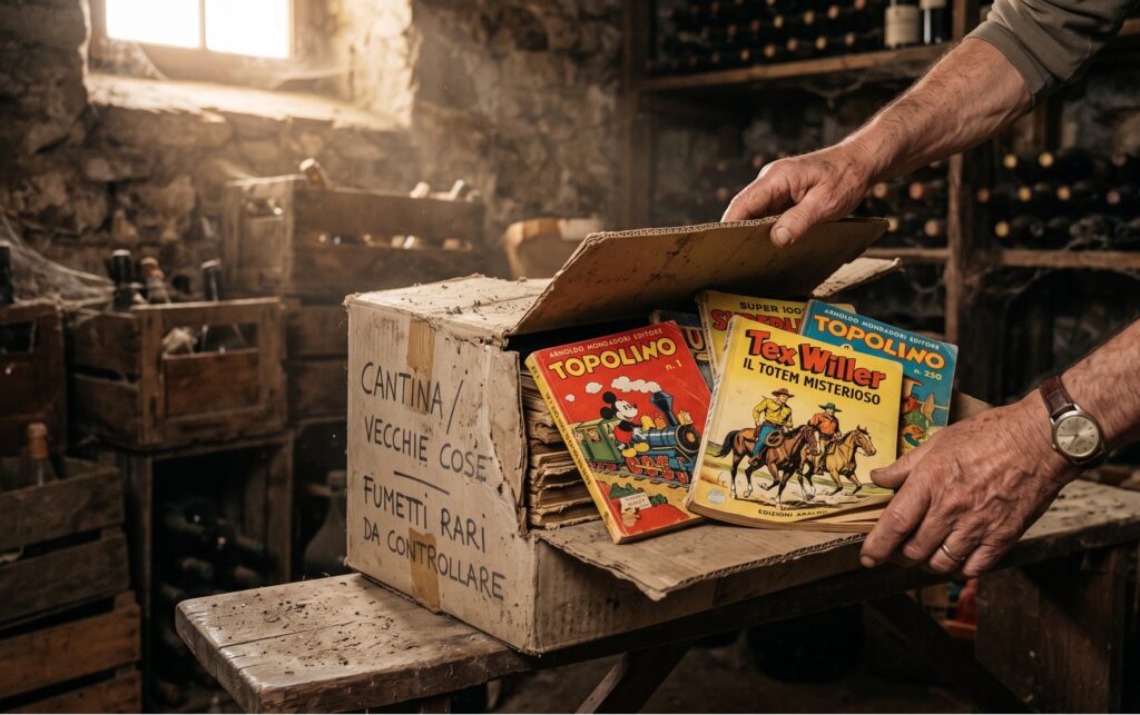 le mani di una persona che aprono uno scatolone di cartone polveroso in una cantina illuminata da un fascio di luce soffusa. Dallo scatolone sbucano i fumetti storici di Topolino e Tex con le copertine ingiallite ben visibili