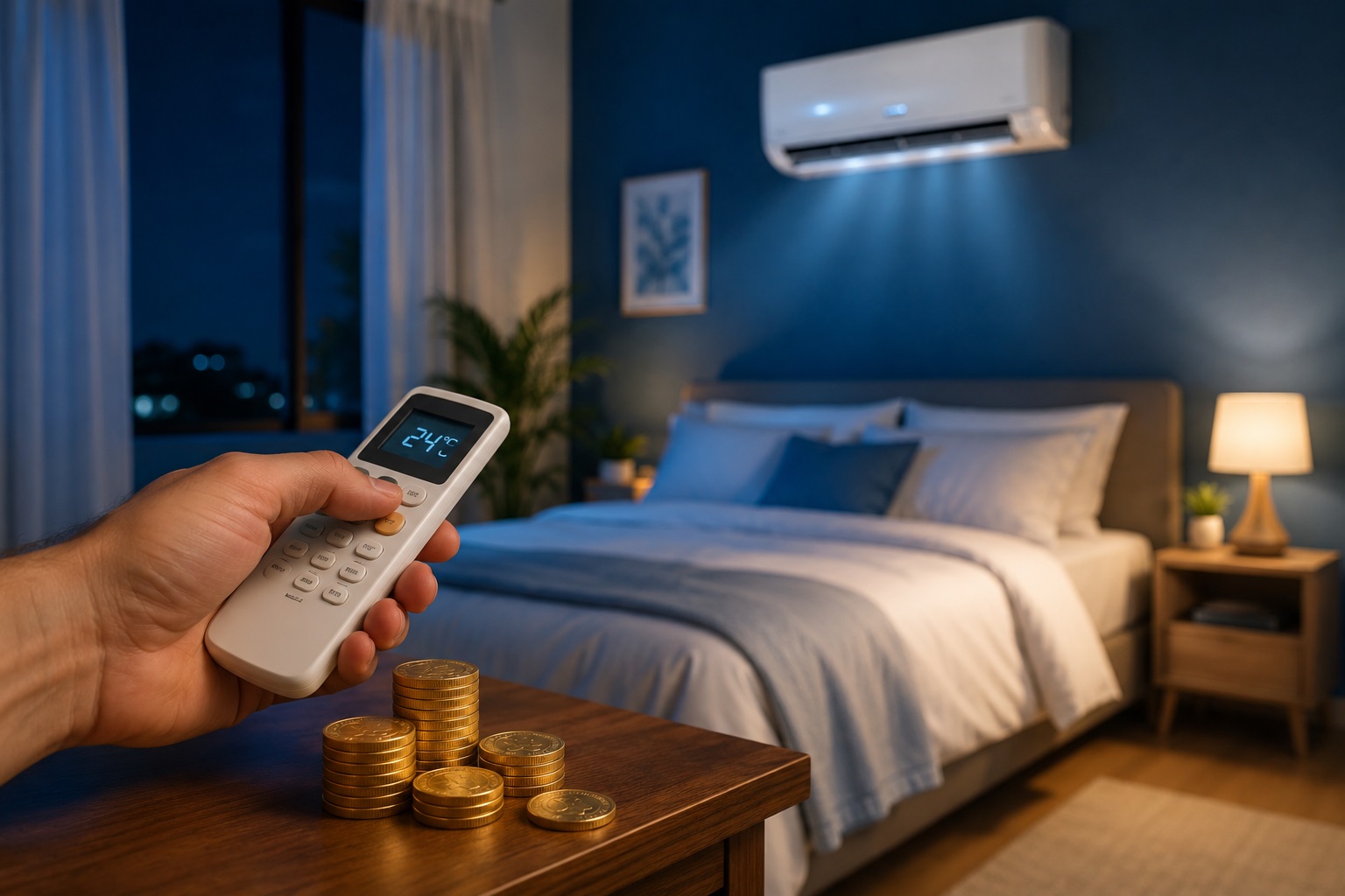 Una camera da letto serena durante una notte d'estate, con pareti blu e luci calde. In primo piano, una mano tiene un telecomando moderno sopra una pila di monete d'oro lucide sul comodino. Sullo sfondo, un condizionatore split bianco è acceso sopra un letto con lenzuola leggere e fresche